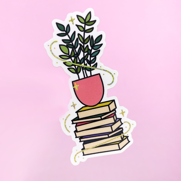 Book Stack Plant Glitter Die Cut Sticker