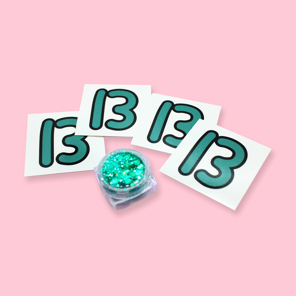 Pack of 4 "13" Temporary Tattoos & Turquoise Body Glitter